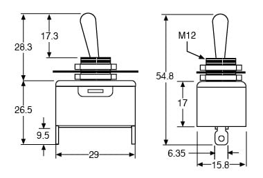 Technical illustration showing the dimensions of a 10A SPST ON-OFF toggle switch.