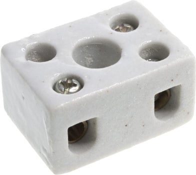 Photo of the top of a 2 way 10A porcelain terminal block.