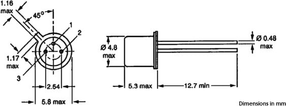 Technical dimension drawing of a TO-18 transistor.