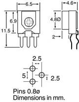 Dimension illustration of a vertical trimpot.