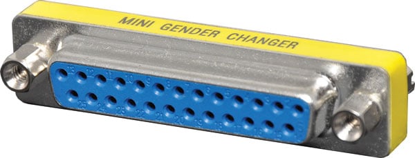 Photo of a DB25F to DB25F gender changer that joints two males.