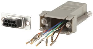 Photo of a DB9 demale to RJ45 adaptor.
