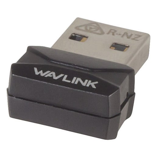 Silver and black dongle with wavlink written on the top