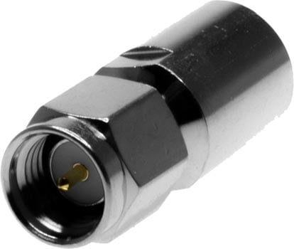 Photo of an FME male to SMA male adaptor.