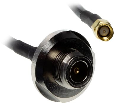 Photo of the connectors of a 10m AARC N female to SMA male RG58U cable.