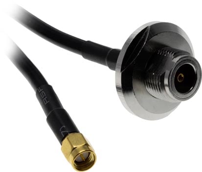 Photo of the connectors of a 2m AARC N female to SMA male RG58U antenna cable.