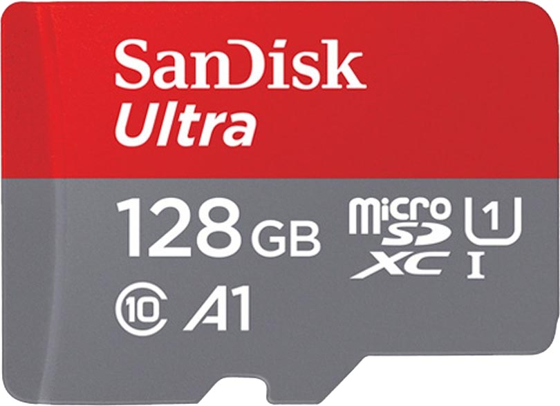 Photo of a 128GB class 10 ultra SanDisk microSD card.