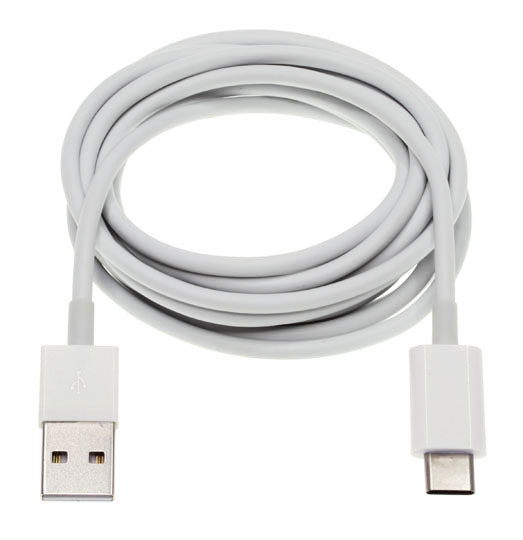 Photo of a white USB 3.1 type C male to USB 2.0 Male data cable that is 2 meters long.