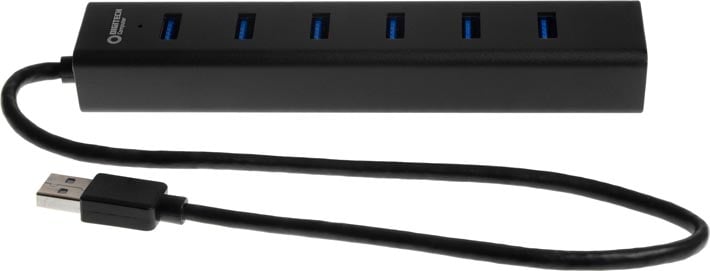 Photo of a 5 volt 4 amp USB3.0 hub with 7 ports, taken from the side.