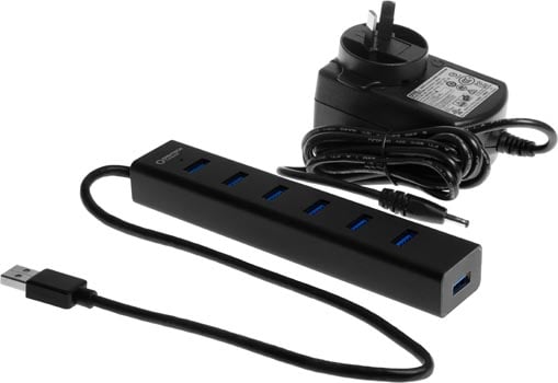 Photo of a 5 volt 4 amp USB3.0 hub with 7 ports.