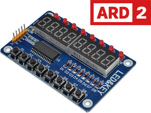 Photo of an 8-digit display module with 8 push buttons & LEDs that is Arduino compatible.