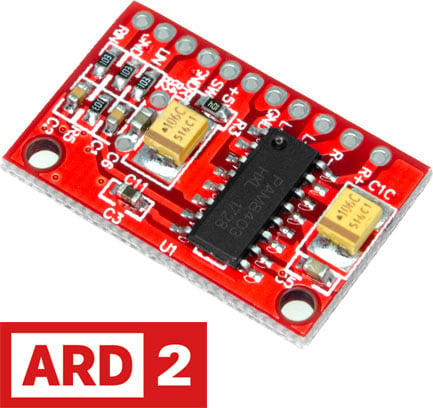 Photo of an Arduino compatible 2-channel 3W PAM8403 audio super mini digital amplifier module.