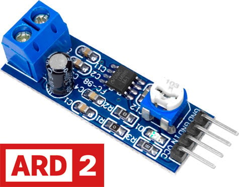 Photo of an LM386 audio amplifier module board with a gain of x200 that is Arduino compatible.