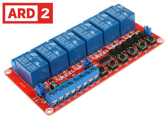 Photo of a 6 channel self-latching module 5VDC that is Arduino compatible.