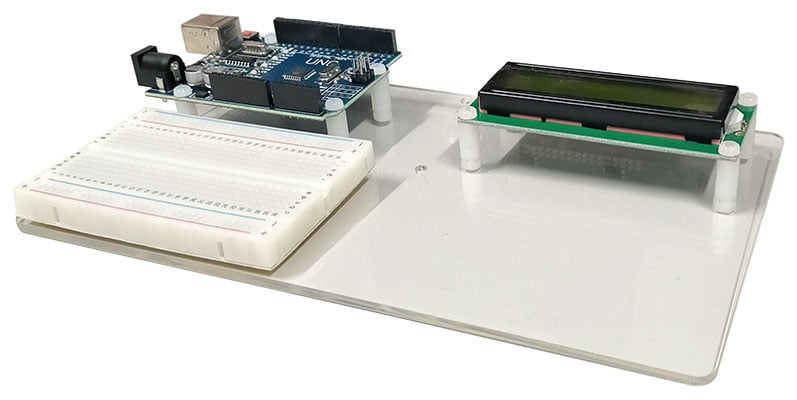 Acrylic Mounting Platform with Arduino, breadboard and display mounted 