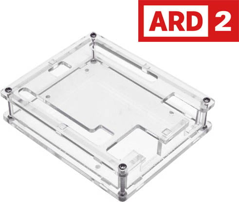 Photo of an assembled Arduino UNO R3 transparent acrylic case.