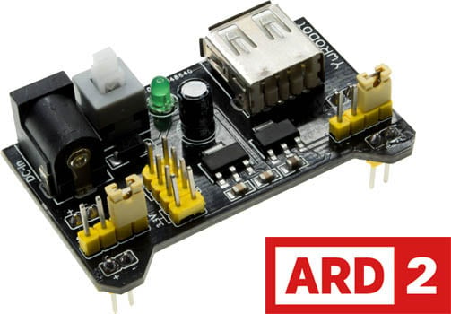 Photo of a 5V & 3.3V breadboard power supply module with a max current of less that 700mA and is Arduino-compatible.