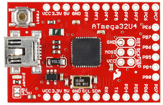 Photo of a SparkFun ATMEGA32U4 breakout board, taken from the top.