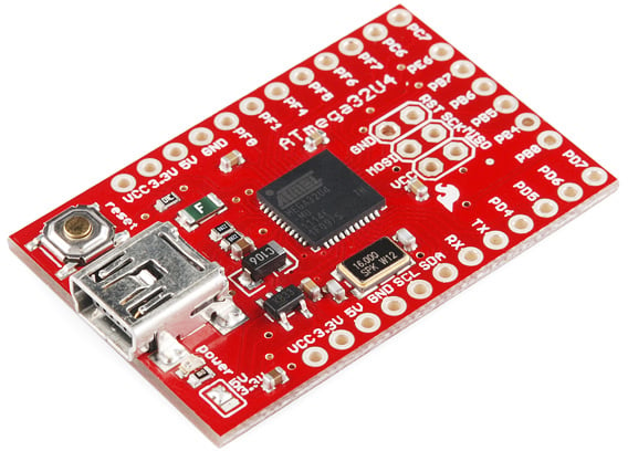 Photo of a SparkFun ATMEGA32U4 breakout board.