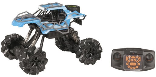 Photo of a remote controlled 1:12 blue rock crawler with sideways drift.