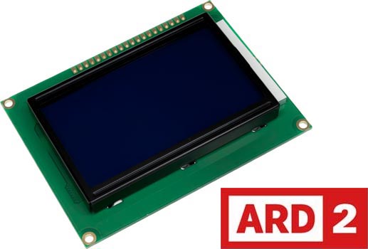 Photo of a 128x64 blue LCD module that is Arduino-compatible.