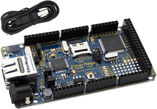 Photo of a Freetronics EtherMega that is Arduino-compatible.