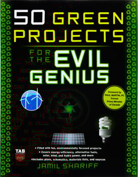 Photo of a 50 Green Projects for the Evil Genius book by Jamil Shariff.