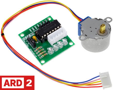Photo of a 5VCD geared stepper motor and an ULN 2003 stepper motor driver that is Arduino-compatible.