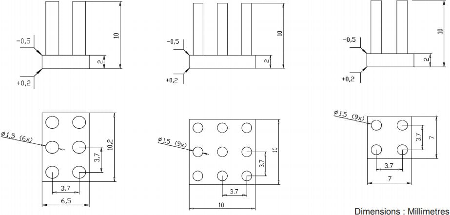Technical illustration showing the dimensions of a heatsink kit for Raspberry Pi.