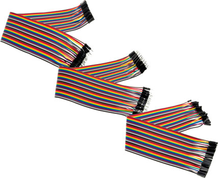 Photo of a 120 pack of 300mm rainbow jumper connector leads.