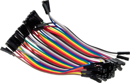 Photo of a 40 pack of 100mm rainbow jumper connector leads female to female.