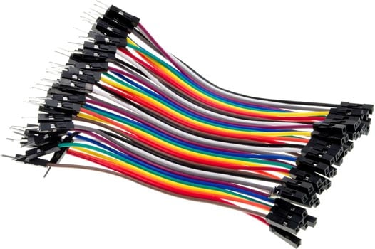 Photo of a 40 pack of 100mm male to female rainbow jumper connector leads.
