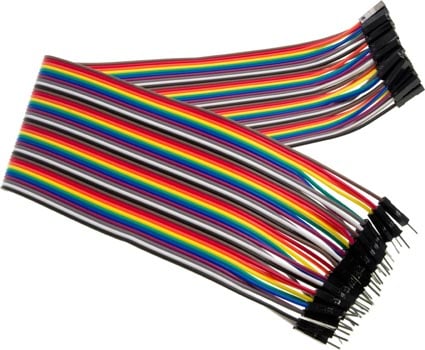Photo of a 40 pack of 300mm female to male rainbow jumper connector leads.