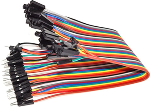 Photo of a 40 pack of rainbow male to female jumper connector leads that are 200mm long.