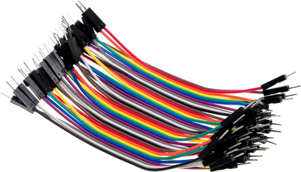 Photo of a 40 pack of 100mm male to male rainbow jumper connector leads.