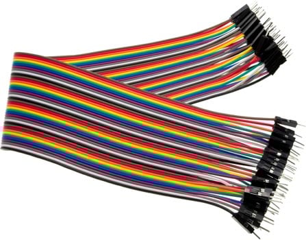 Photo of a 40 pack of 300mm male to male rainbow jumper connector leads.