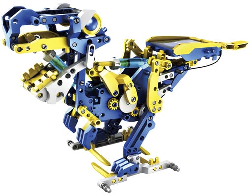 Photo of a 12-in-1 solar hydraulic robot kit, built as a dinosaur.