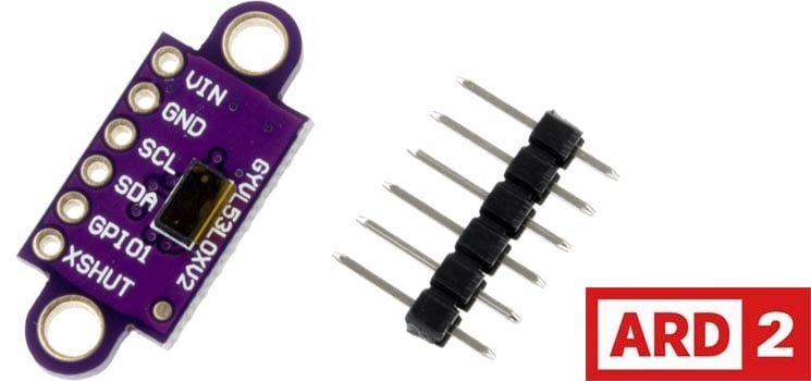 Photo of a GY-53 VL53L0X laser ToF (time of flight) distance sensor module I²C/PWM with output that is Arduino-compatible.