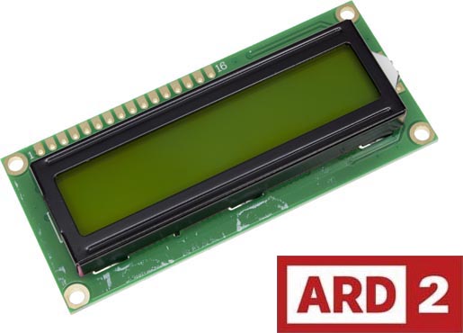 Photo of a 16x2 character LCD module with a green/yellow backlight that is Arduino-compatible.