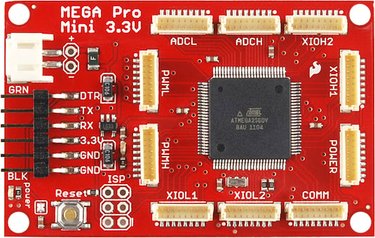 Photo of a Sparkfun 3.3V Mega Pro Mini that is Arduino-compatible, taken from the top.