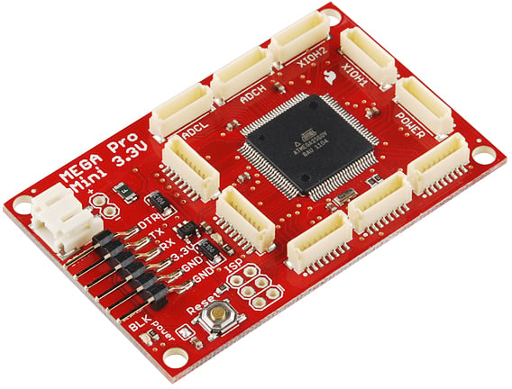 Photo of a Sparkfun 3.3V Mega Pro Mini that is Arduino-compatible.