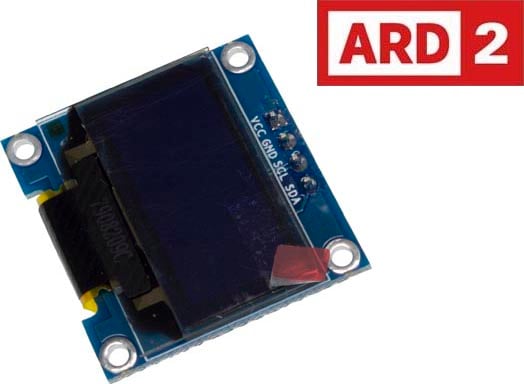 Photo of a 0.96 inch 128x64 character I2C blue OLED display module that is Arduino-compatible.
