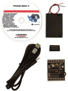 Photo of a PICAXE 18M2 starter pack (CHI030) with a USB cable.