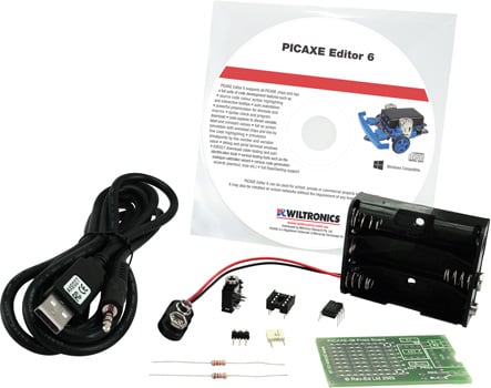 Photo of a PICAXE 08M2 Starter Pack with a USB cable.