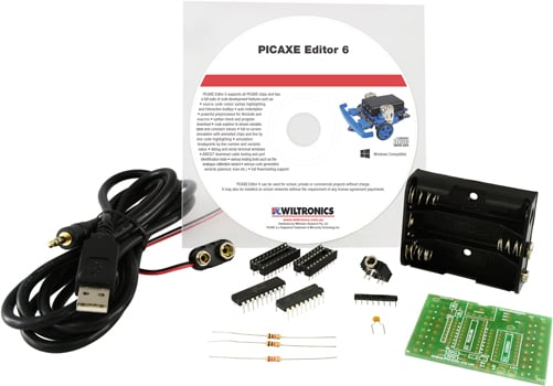 Photo of a PICAXE-20M2 Starter Pack with a USB cable.