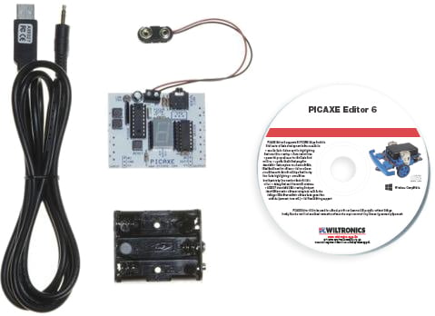 Photo of a PICAXE-18M2 Tutorial Kit with a USB cable.