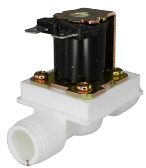 Photo of a plastic water solenoid valve that is 12v and 0.5 inch.