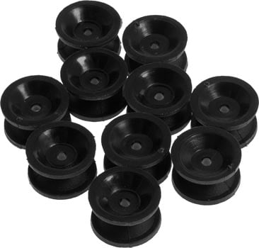 Photo of a 10 pack of 5mm diamater and 1.9mm hole nylon pulleys.