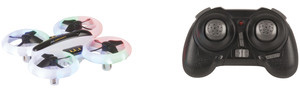 Photo of a remote control mini quadcopter that features LED (light emitting diodes).
