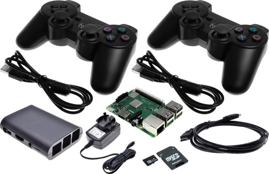 Photo of a Raspberry Pi 3 B+ retro games bundle with two PS3-style controllers.